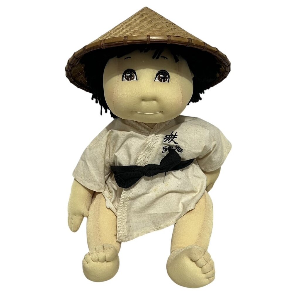 Vintage 1980's Rice Paddy Doll Kung Fu Outfit Straw Hat Soft Sculpture 18"